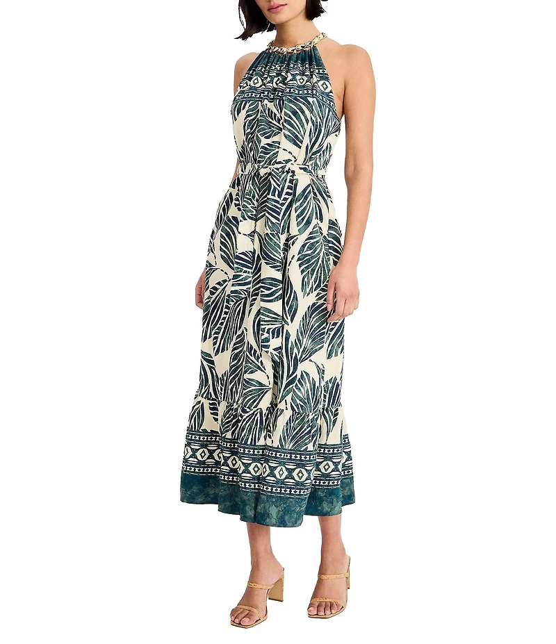 Maggy London Leaf Print Halter Neck Midi Dress