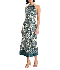 Maggy London Leaf Print Halter Neck Midi Dress
