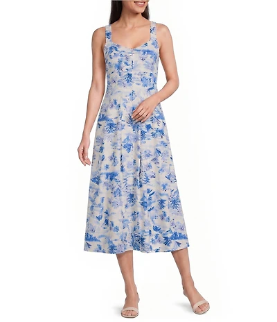 Maggy London Linen Floral Print Sweetheart Neck Sleeveless Midi Dress