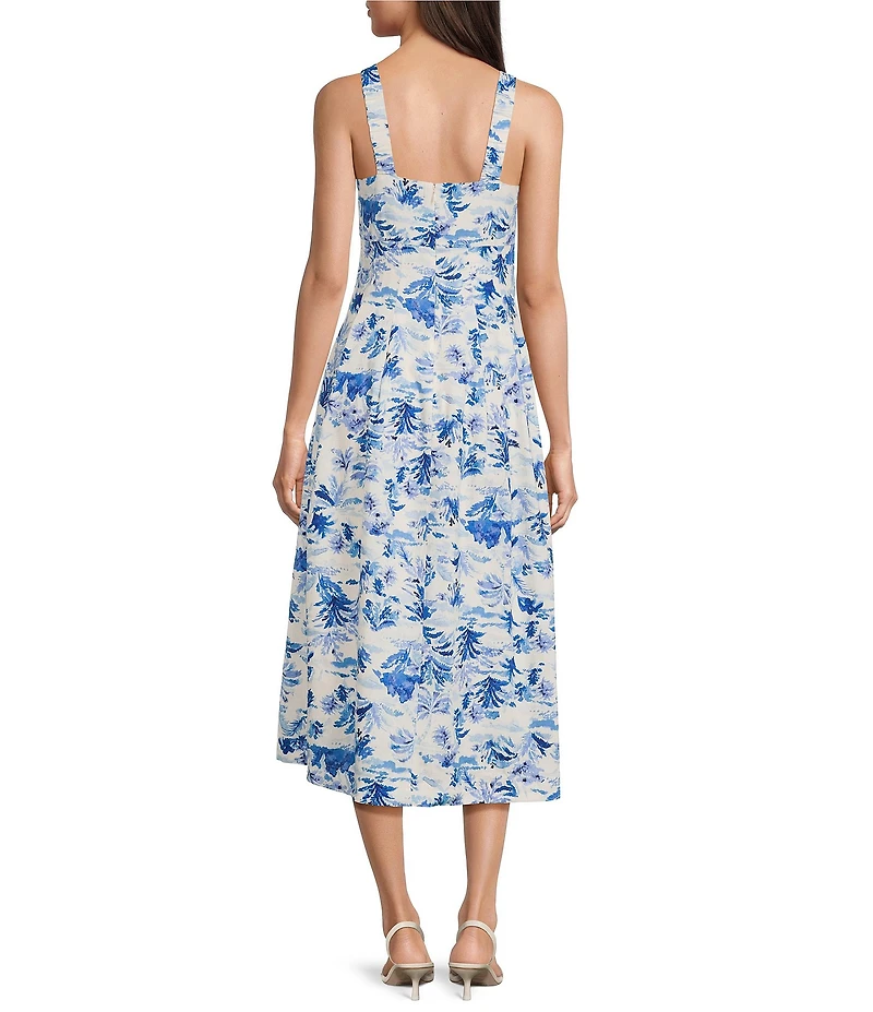 Maggy London Linen Floral Print Sweetheart Neck Sleeveless Midi Dress