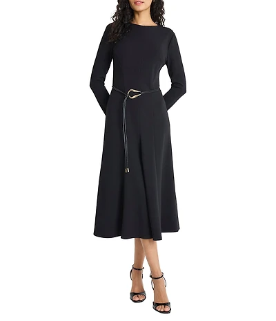 Maggy London Long Sleeve A-Line Belted Midi Dress