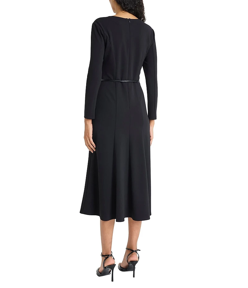 Maggy London Long Sleeve A-Line Belted Midi Dress