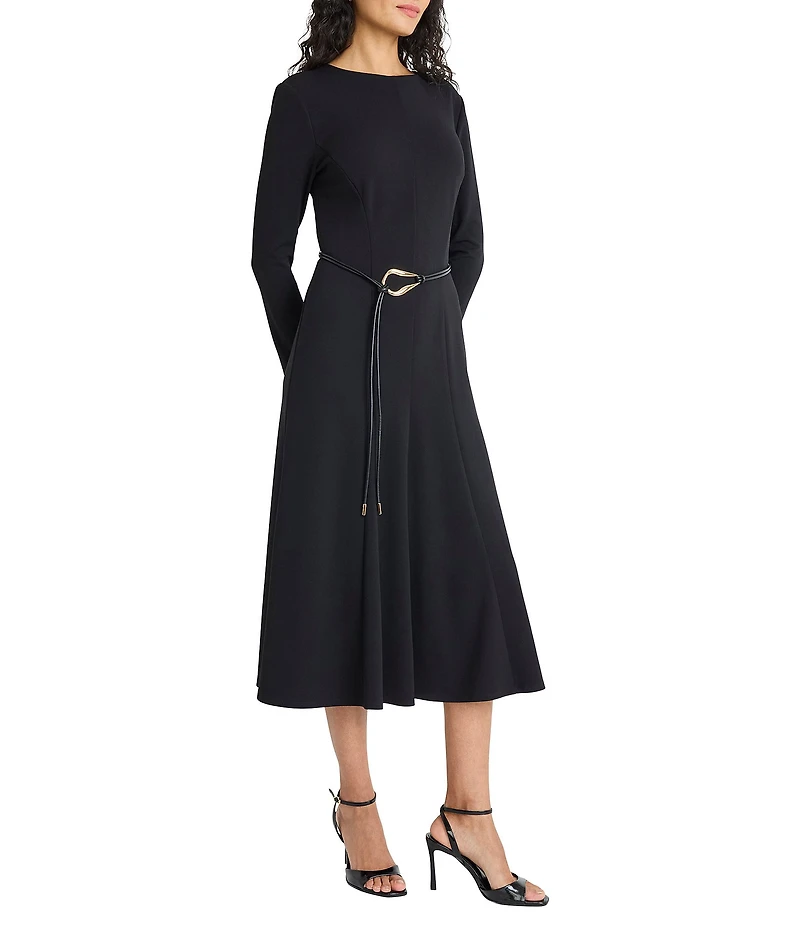 Maggy London Long Sleeve A-Line Belted Midi Dress
