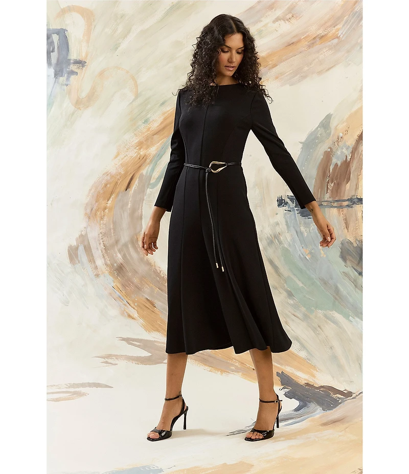 Maggy London Long Sleeve A-Line Belted Midi Dress