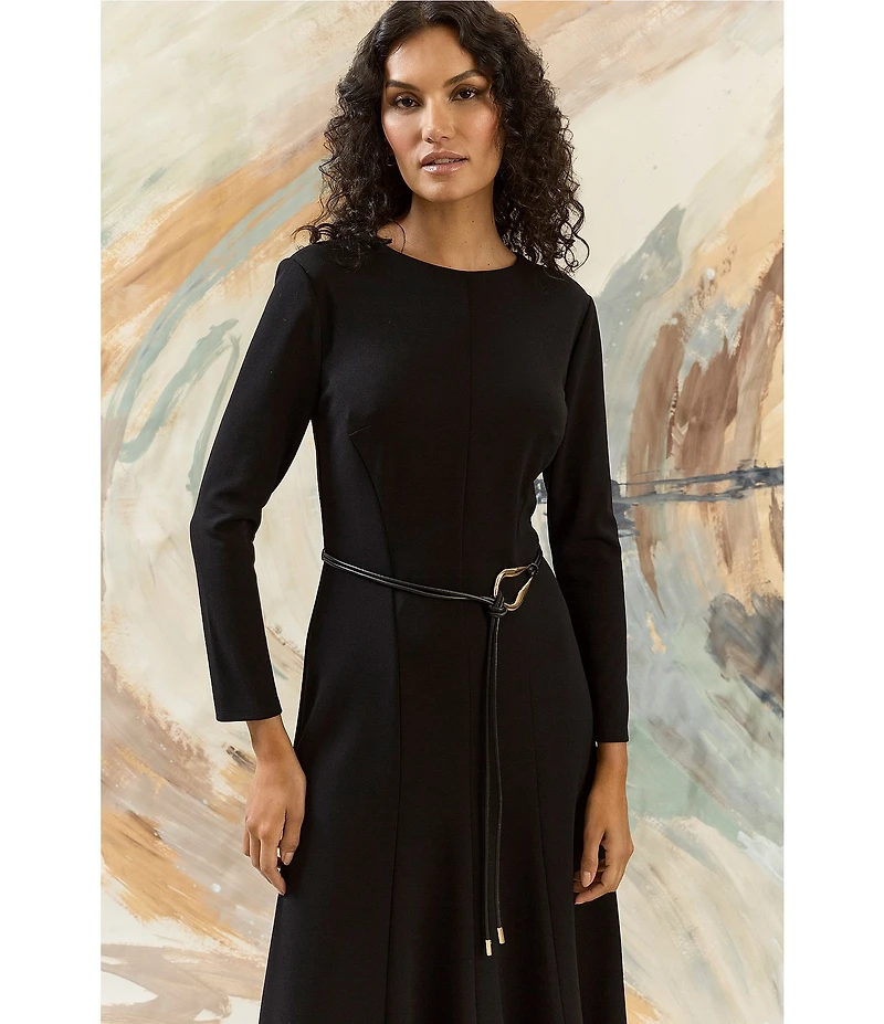 Maggy London Long Sleeve A-Line Belted Midi Dress