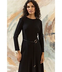 Maggy London Long Sleeve A-Line Belted Midi Dress