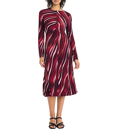 Maggy London Long Sleeve Printed A-Line Midi Dress