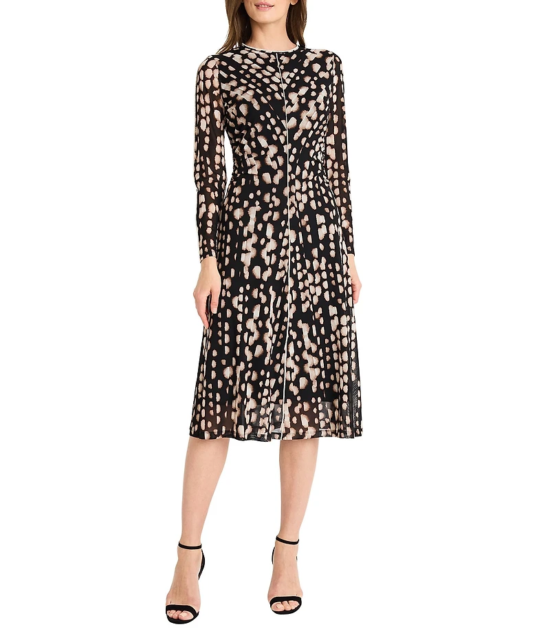 Maggy London Long Sleeve Printed Mesh Midi Dress