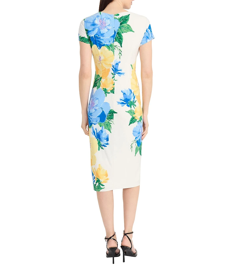 Maggy London Matte Jersey Floral Placement Print Crew Neck Short Sleeve Midi Dress