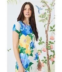 Maggy London Matte Jersey Floral Placement Print Crew Neck Short Sleeve Midi Dress