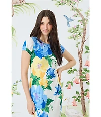 Maggy London Matte Jersey Floral Placement Print Crew Neck Short Sleeve Midi Dress