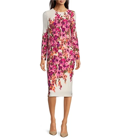 Maggy London Matte Jersey Floral Print Crew Neck Long Sleeve Sheath Midi Dress