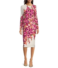 Maggy London Matte Jersey Floral Print Crew Neck Long Sleeve Sheath Midi Dress