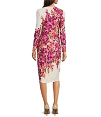 Maggy London Matte Jersey Floral Print Crew Neck Long Sleeve Sheath Midi Dress