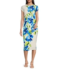 Maggy London Matte Jersey Floral Print Crew Neck Short Sleeve Sheath Midi Dress