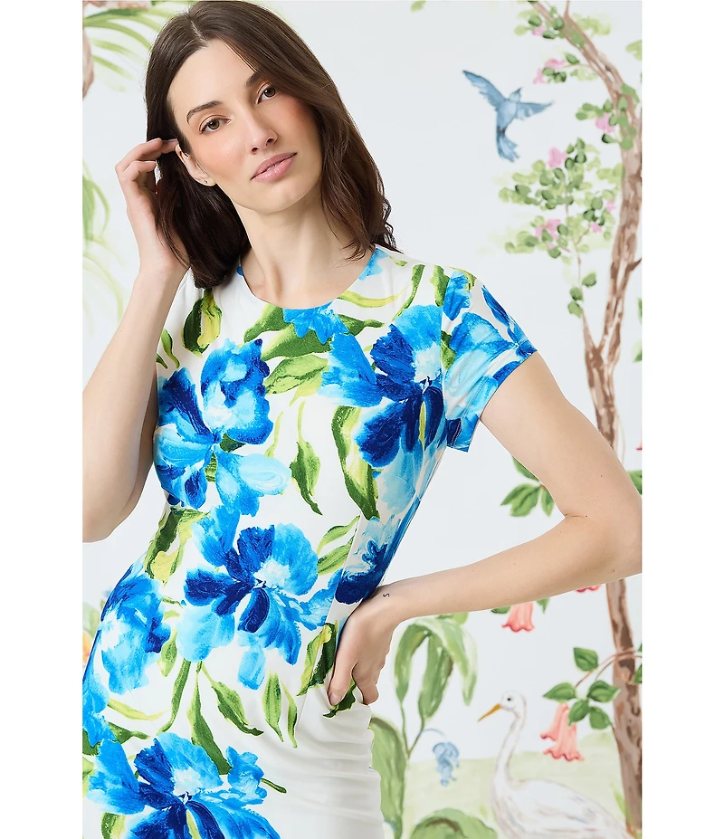 Maggy London Matte Jersey Floral Print Crew Neck Short Sleeve Sheath Midi Dress