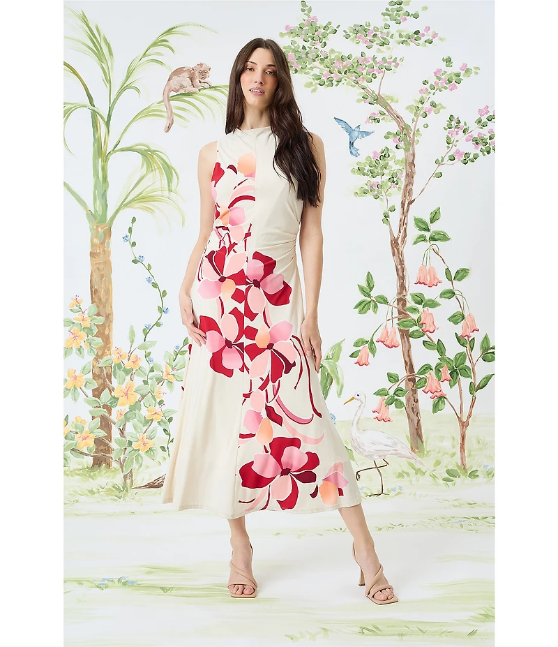Maggy London Matte Jersey Floral Print Mock Neck Sleeveless Fit and Flare Midi Dress