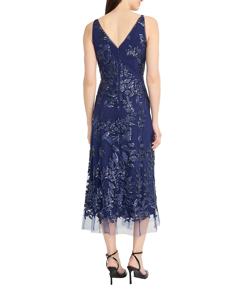 Maggy London Mesh Embroidered Floral Print V Neck Sleeveless Midi Dress