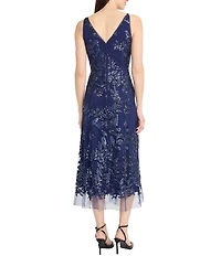 Maggy London Mesh Embroidered Floral Print V Neck Sleeveless Midi Dress