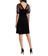 Maggy London Mesh Illusion Neck Short Puff Sleeve Velvet Dress