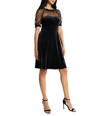 Maggy London Mesh Illusion Neck Short Puff Sleeve Velvet Dress