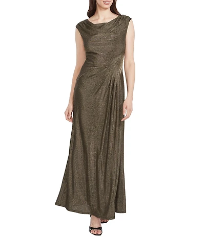 Maggy London Metallic Jersey Cowl Neck Cap Sleeve Gown