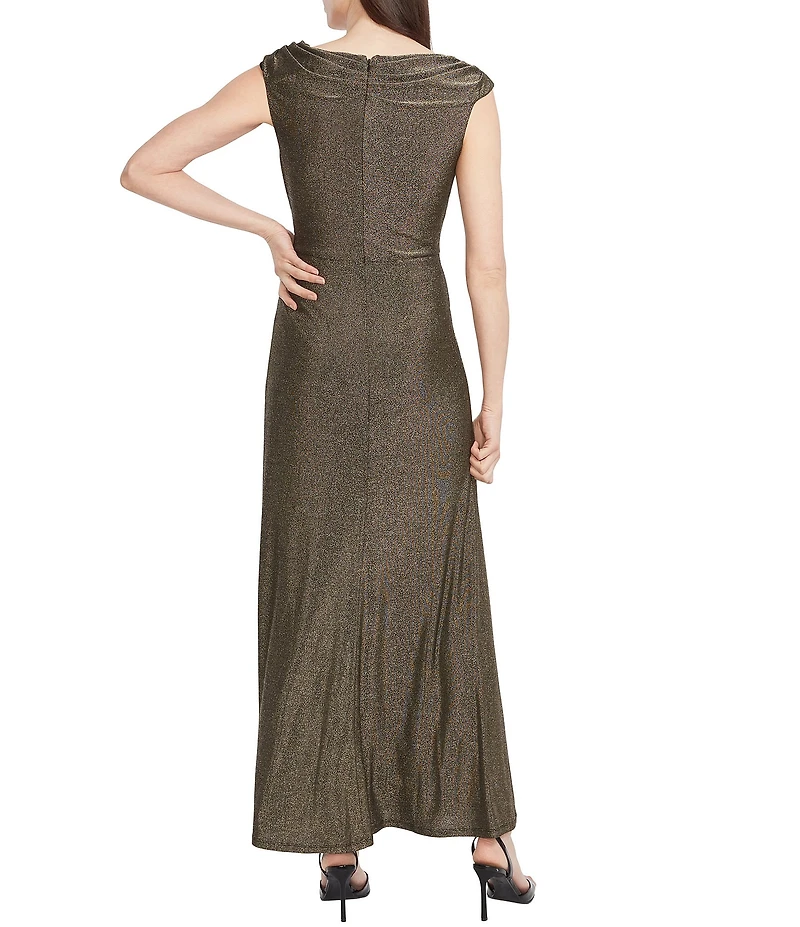 Maggy London Metallic Jersey Cowl Neck Cap Sleeve Gown