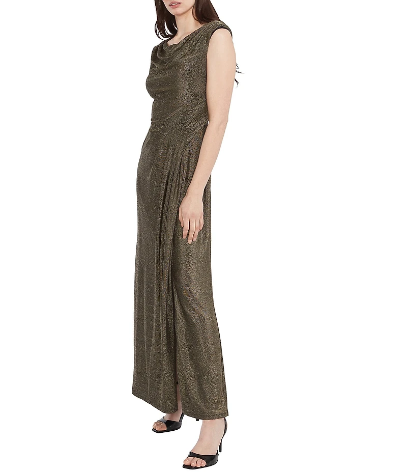 Maggy London Metallic Jersey Cowl Neck Cap Sleeve Gown