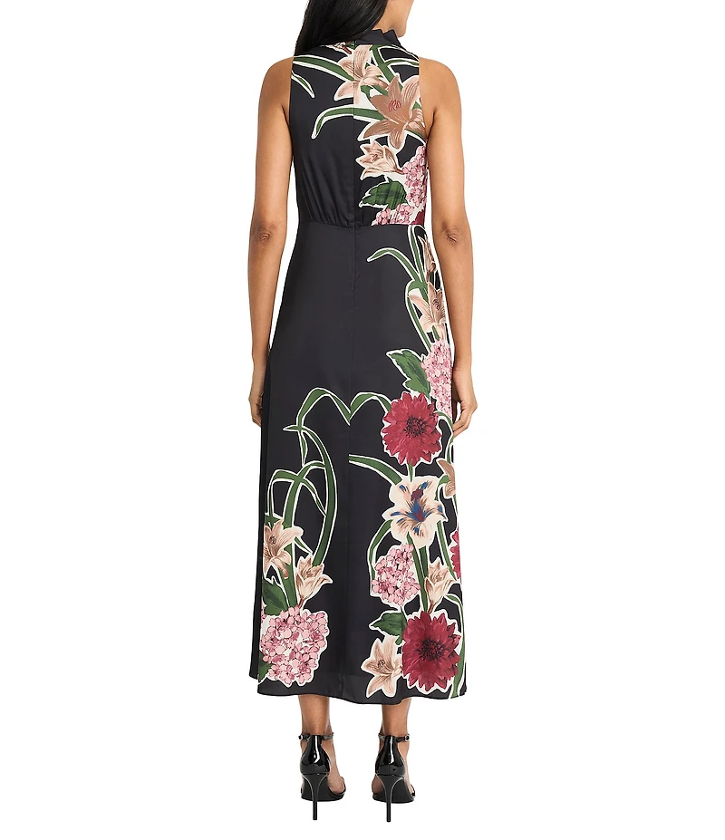 Maggy London Mock Neck Floral Print Satin Charmeuse Twist Front Blouson Maxi Dress