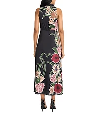 Maggy London Mock Neck Floral Print Satin Charmeuse Twist Front Blouson Maxi Dress