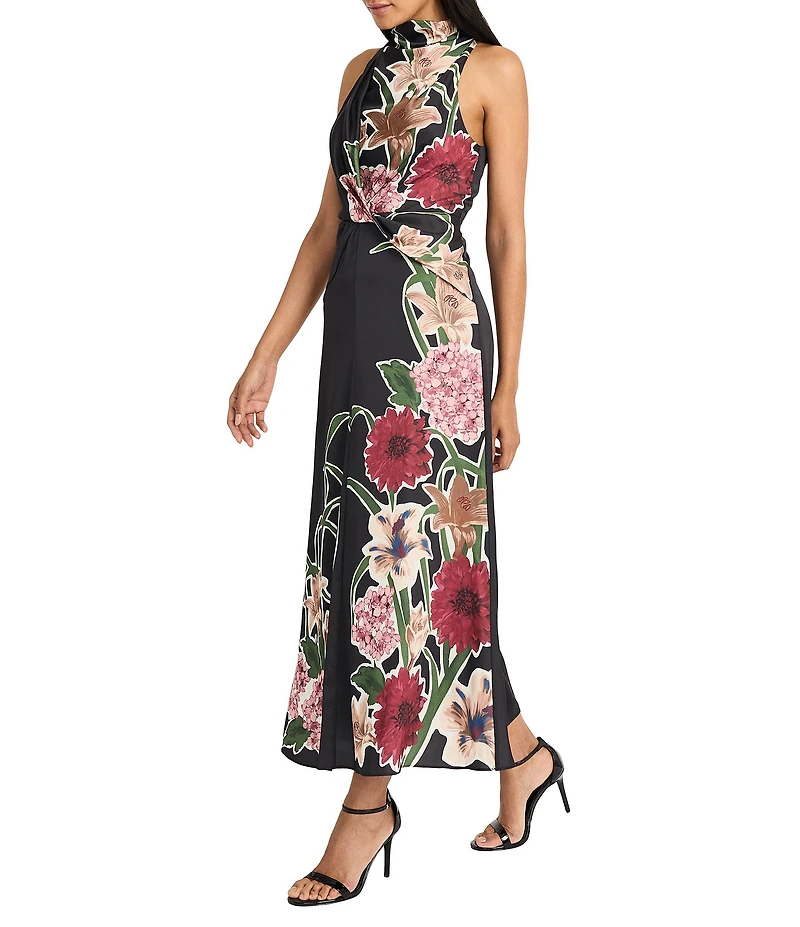 Maggy London Mock Neck Floral Print Satin Charmeuse Twist Front Blouson Maxi Dress