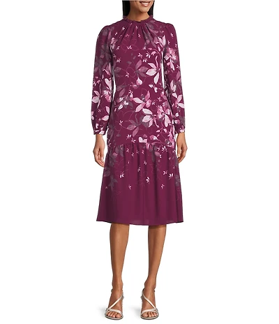 Maggy London Mock Neck Long Sleeve Floral Print Fit and Flare Midi Dress