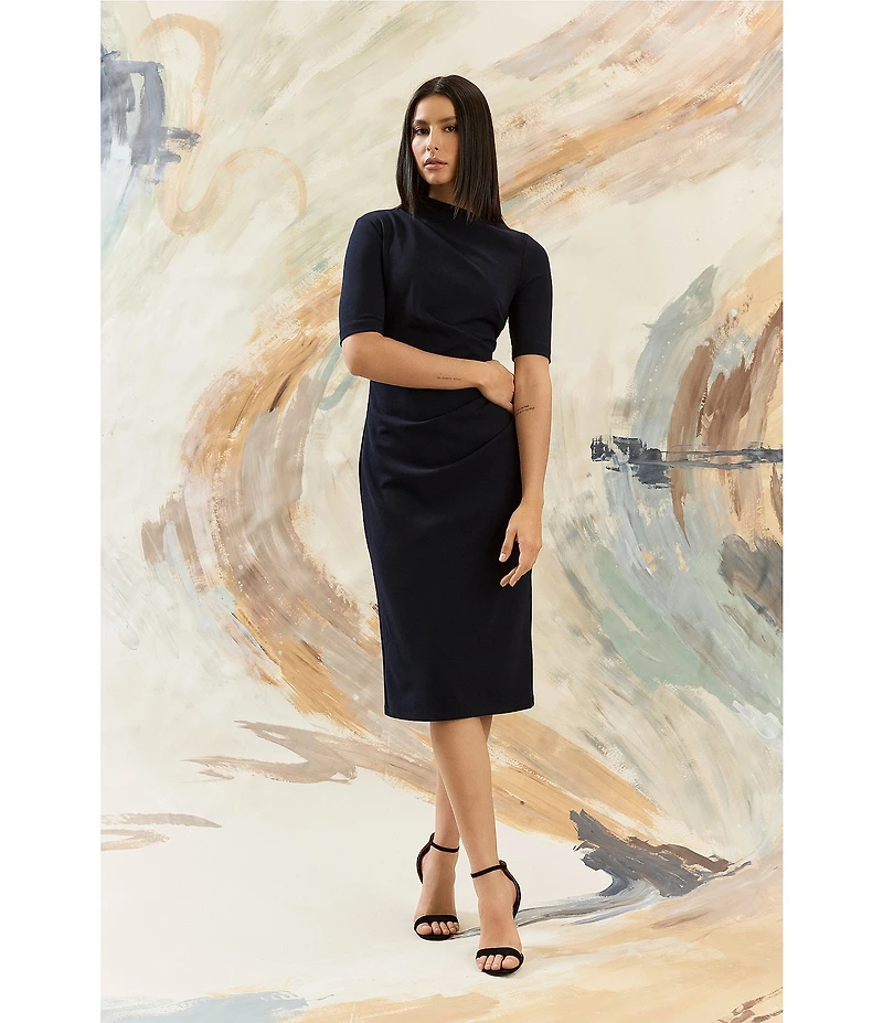 Maggy London Mock Neck Short Sleeve Draped Midi Sheath Dress
