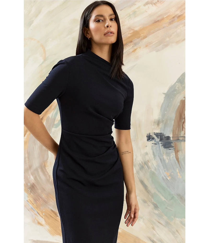Maggy London Mock Neck Short Sleeve Draped Midi Sheath Dress
