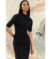 Maggy London Mock Neck Short Sleeve Draped Midi Sheath Dress