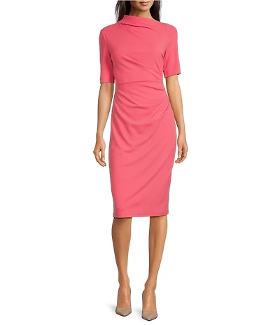 Maggy London Mock Neck Short Sleeve Draped Midi Sheath Dress