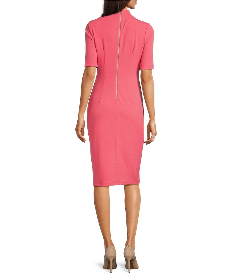 Maggy London Mock Neck Short Sleeve Draped Midi Sheath Dress