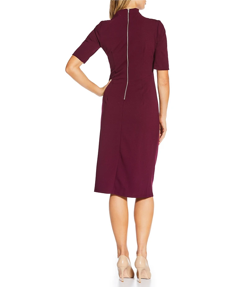 Maggy London Mock Neck Short Sleeve Draped Midi Sheath Dress
