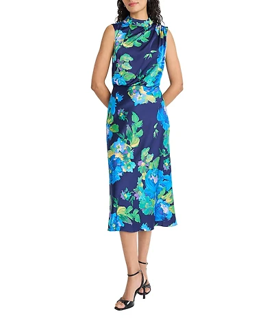 Maggy London Floral Print Mock Neck Sleeveless Blouson Midi Dress