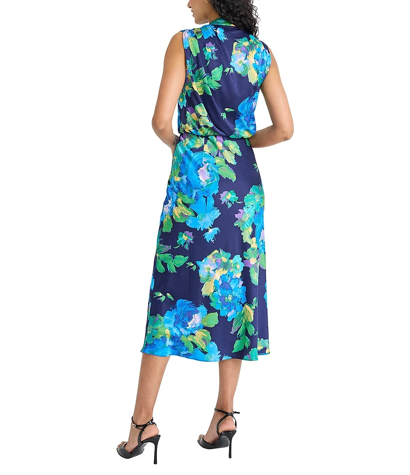 Maggy London Floral Print Mock Neck Sleeveless Blouson Midi Dress