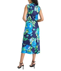 Maggy London Floral Print Mock Neck Sleeveless Blouson Midi Dress