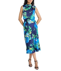 Maggy London Floral Print Mock Neck Sleeveless Blouson Midi Dress