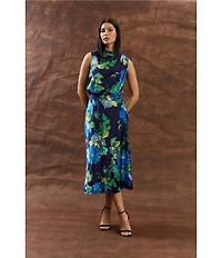 Maggy London Floral Print Mock Neck Sleeveless Blouson Midi Dress