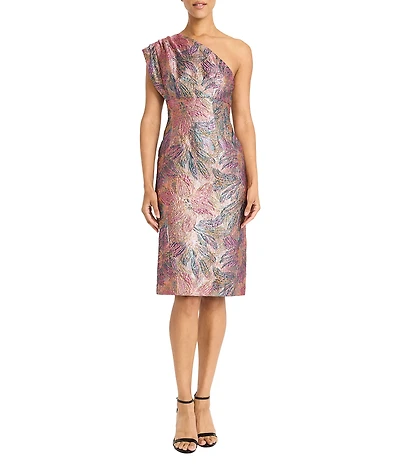Maggy London One Shoulder Abstract Floral Brocade Sheath Dress