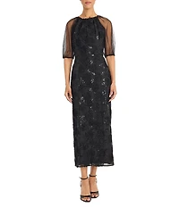Maggy London Organza Sequin Puff Short Sleeve Midi Dress