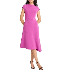 Maggy London Ottoman Crepe Mock Neck Cap Sleeve Asymmetrical Hem Midi Dress
