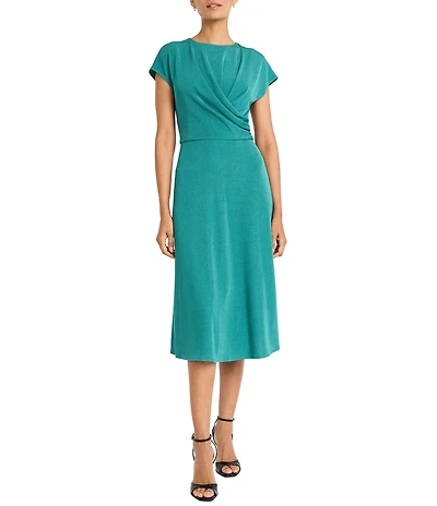 Maggy London Ottoman Jersey Crew Neck Short Sleeves Draped Bodice A-Line Midi Dress