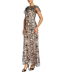 Maggy London Outlined Orchid Embroidered Mesh Flutter Sleeve Dress