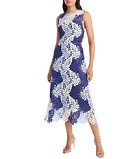 Maggy London Palm Leaf Lace Crew Neck Sleeveless Midi Dress