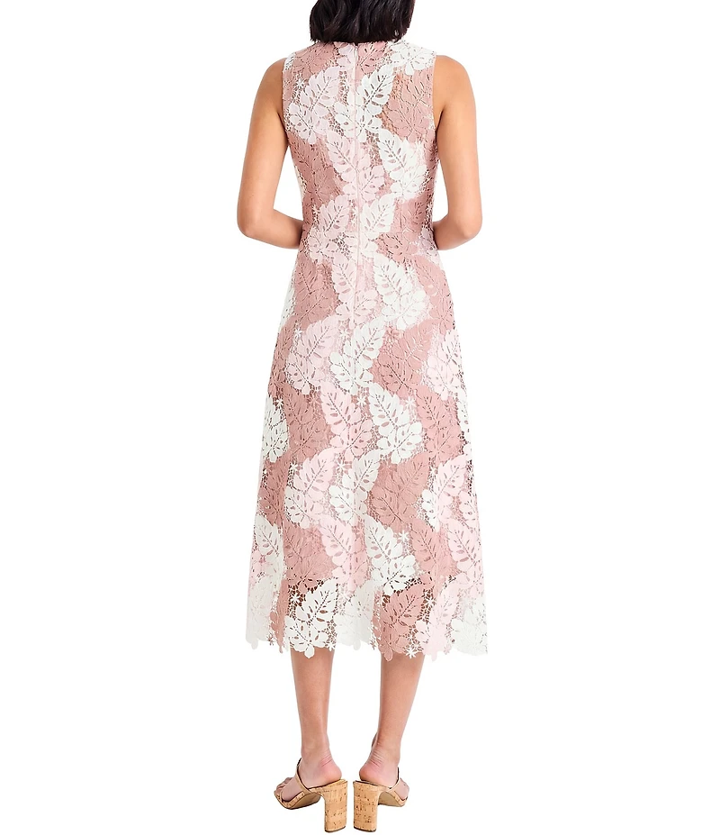 Maggy London Palm Leaf Lace Crew Neck Sleeveless Midi Dress